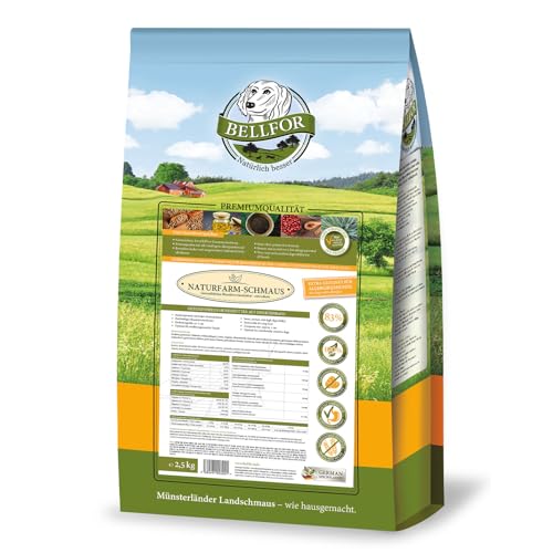 Bellfor Sparset für mittelgroße Hunde – purinbewusstes Trockenfutter Naturfarm-Schmaus 2,5 kg + Landgut-Happen 200 g + Immun Pulver 250 g – hypoallergen & getreidefrei