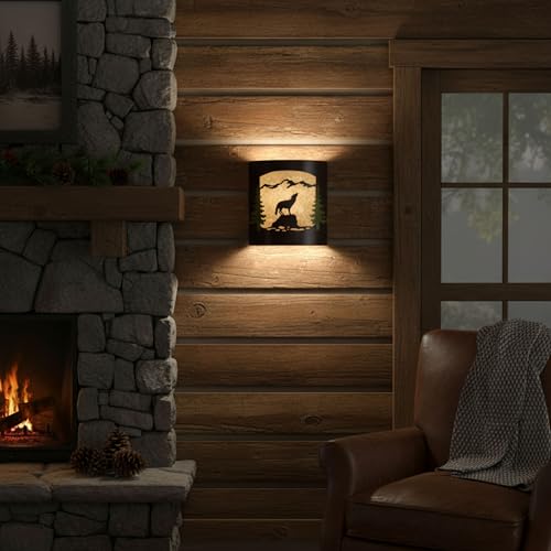 Image of Rustic Wolf with Pine Tree Wall Sconce - Frosted Amber Glass | Burnished Bronze Metal, Lodge Cabin Decor, Woodland Nature Design, Wall Light Fixture
