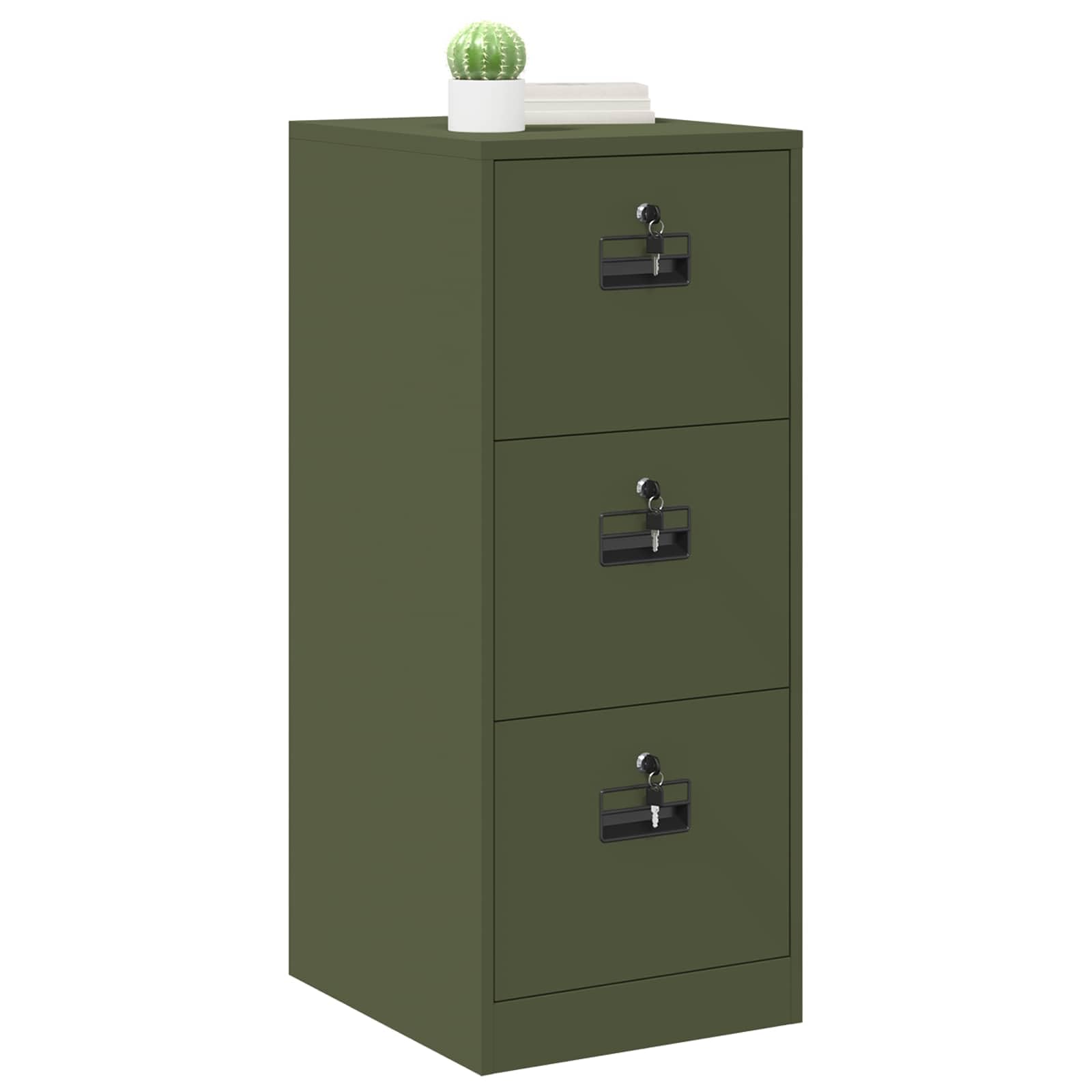 Aktenschrank Olive Grün aus Kaltgewalztem Stahl 44 x 50 x 106,5 cm mit 3 Schubladen, Ausziehbaren Regalen und Zylinderschlössern für Büro, Stauraum und Mehrzweck-Aufbewahrung