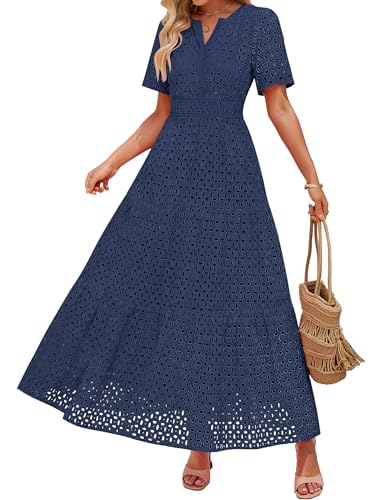 Image of ZESICA Summer Dresses for Women 2026 Casual V Neck Short Sleeve Eyelet A Line Beach Vacation Long Maxi Dresses