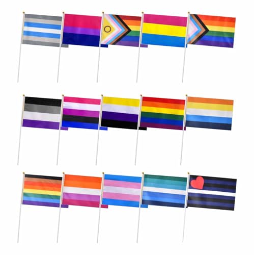 XCFH Rainbow Gay Pride Stick Flags Set 15 Different LGBTQ Small Mini Hand Held Flags 5x8 Inches 75 Pack