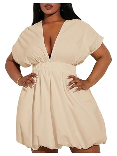 Image of WDIRARA Women's Plus Size Deep V Neck Bubble Dress Short Sleeve A Line Mini Dresses