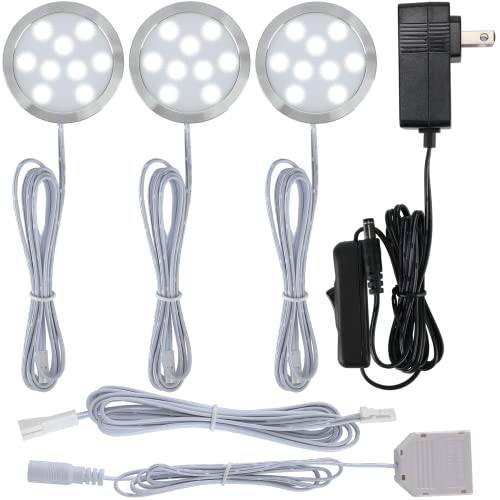 Meigour Plug-in Under Cabinet Round Puck Light Kit, 120V Electric Wired LED Closet Showcase Lighting, 3-Way Octopus Junction Box Wiring, On n Off Switch, Cool White 6000K, 3 Lights