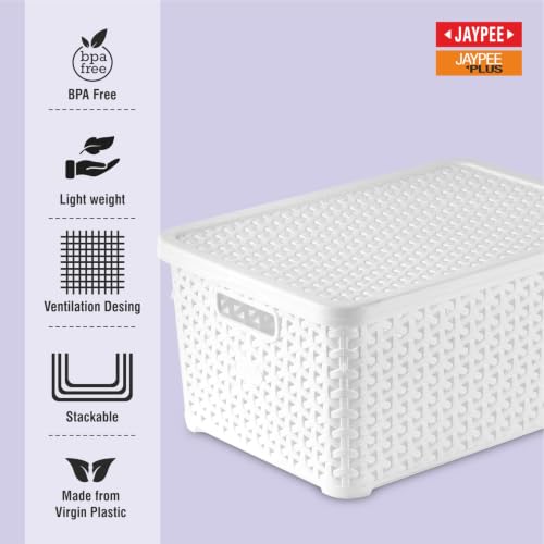 Image of Jaypee Plus Keep all 3 Plastic Storage Basket Organizers With Lid For Kitchen,Fridge, Office Wardrobe, Stationery, Household, Toys & Multipurpose use Pack of 3 Durable Box, White