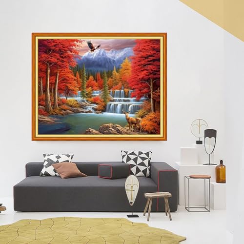 Image of Foxhool Stamped Cross Stitch Kits,11CT Printed Cross Stitch Pattern Full Embroidery Kits for Beginner Needlepoint Kits-Golden Autumn Waterfall 16x20 inch
