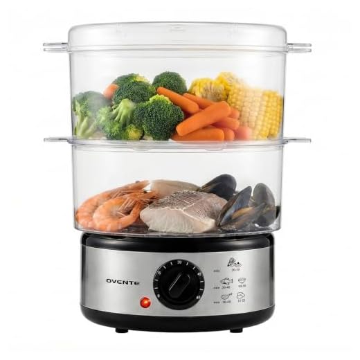 Ovente Electric Food Steamer 5 Quart with 2 Tier Stackable BPA-Free Baskets, 400W Stainless Steel Base, Auto Shut-Off and 60-Minute Timer, Fast Steaming Ideal for Vegetable and Fish, Silver FS62S