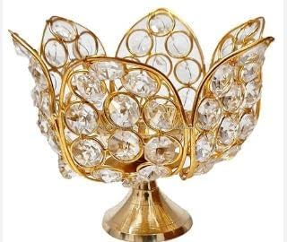 I R HANDICRAFTS Lotus Crystal Diya for puja Decorative Brass Diamond Crystal Oil lamp Flower Shape