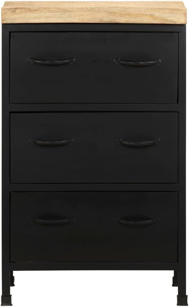 Industrial Sideboard Black Rough Mango Wood Medium Storage Furniture with Three Drawers and Iron Legs for Living Room Bedroom Home Decor