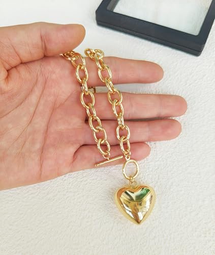 Large Chunky Gold Necklace with Heart Pendant for Women, Paperclip Choker Chain Puffy Heart Pendant Toggle Clasp Necklaces Thick Chain Jewelry Birthday 5