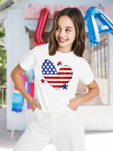 Image of VVNTY Girls American Flag Crop Tops Kids USA Crop Shirt Patriotic 4th of July Tops 5-14 Years