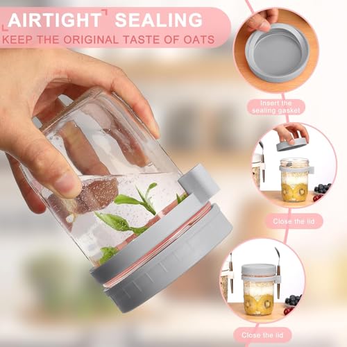 Image of PATZY 350 ml Oats Container With Lids And Spoon set of pc Glass Mason Jars For Overnight Oats Leak Proof Container with Measurment For Cereal Fruit Vegetable Milk Salad Yogurt (Multicolor) (1)