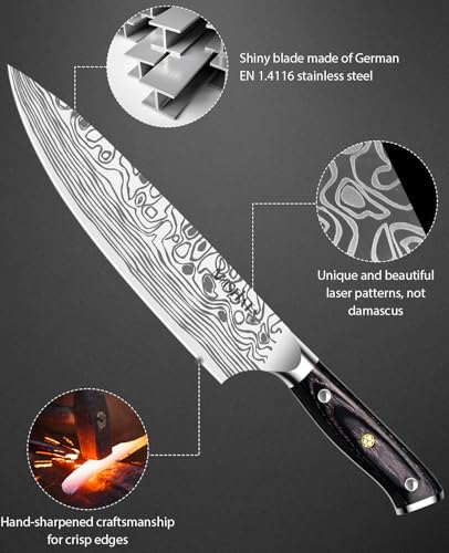 MOSFiATA Coltelli da Cucina Professionale Chef con Fodero, Protezione del Dito e Affilatore, in Acciaio Inossidabile con Manico Micarta - 20CM - immagine 6