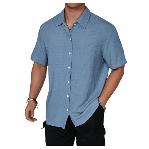 Camisa de punto texturizada para hombre, camisas casuales de manga corta con botones, ropa de playa de verano para hombre, azul claro, M