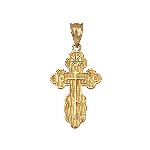 LA BLINGZ 10K Yellow Gold Eastern Orthodox Cross Pendant Necklace