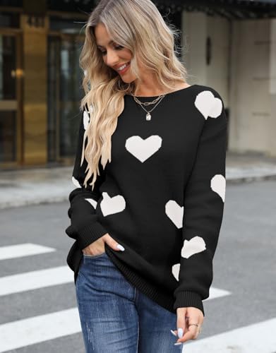 Image of Womens Cute Heart Sweater Crew Neck Long Sleeve Pullover Valentines Sweater