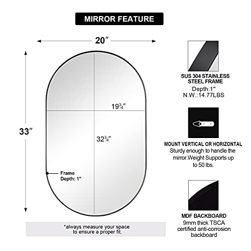 Andy Star Black Oval Mirror, 20X33’’ Oval Black Mirror Stainless Steel Metal Pill Mirror For Bathroom, Entryway, Living Room, Contemporary 1" Deep Set Design Wall Mount Hang Vertical Or Horizontal #TOP4