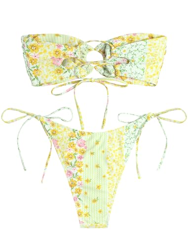 Image of ZAFUL Women's Bandeau Bikini O Ring Strapless Tie Back High Cut Two Piece Swimsuit Bathing Suits