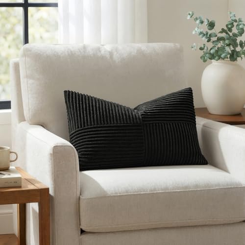Image of MIULEE Black Decorative Lumbar Throw Pillow Covers 12x20 Inch for Couch Bed Sofa Pack of 2 Boho Farmhouse Throw Pillows Soft Cross Corduroy Patchwork Textured Cushion Cases