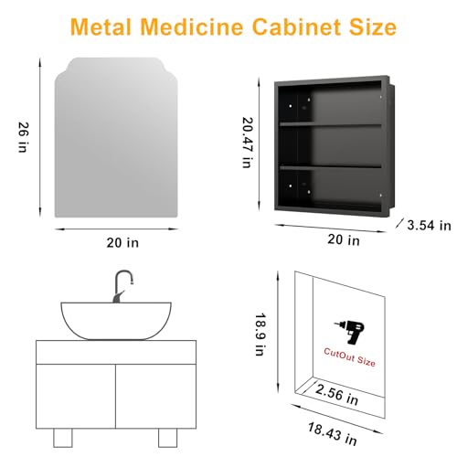 Image of 20 inchx26 inch Black Irregular Recessed Medicine Cabinet Mirror, Frameless Victorian Bathroom Decorative Mirror with Storage, Surface Mount Medicine Cabinets for Bathroom, Full Metal, 2 Removable Shelves