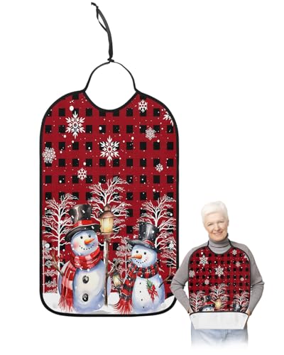 Red Black Plaid Christmas Adult Bibs for Eating, Waterproof Bibs with Food Catcher & Adjustable Snap Closure, Winter Snowman Xmas Tree Snowflake Clothing Protectors Adult Bibs for Elderly Women/Men