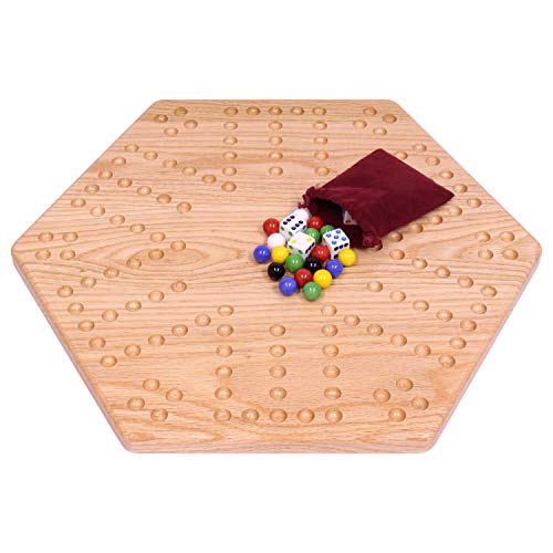 Amishtoybox.com Wooden Wahoo Marbles Game Board Set - Unpainted Holes - 16" Wide - Solid Oak Wood - Double-Sided - With 16Mm Marbles And Dice Included #TOP6