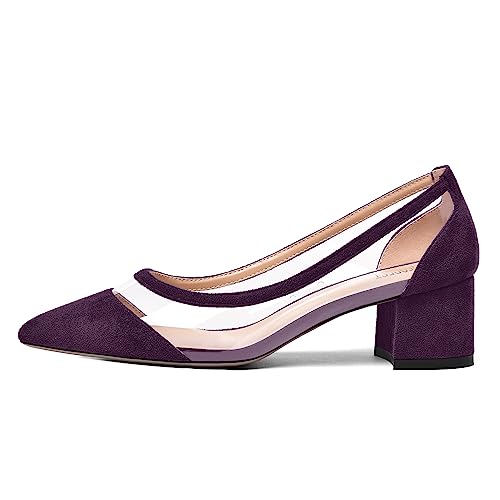 SHOWFOREST Womens Solid Clear Dress Slip On Pointed Toe Suede Dating Chunky Low Heel Pumps Shoes 2 Inch2