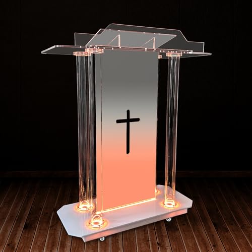 TinFrey Podio de acrílico con Cruz, Púlpito Transparente para Iglesia con Amplia Superficie de Lectura, Lujoso Atril de pie con Ruedas y Luces LED para discursos, aulas e Iglesias