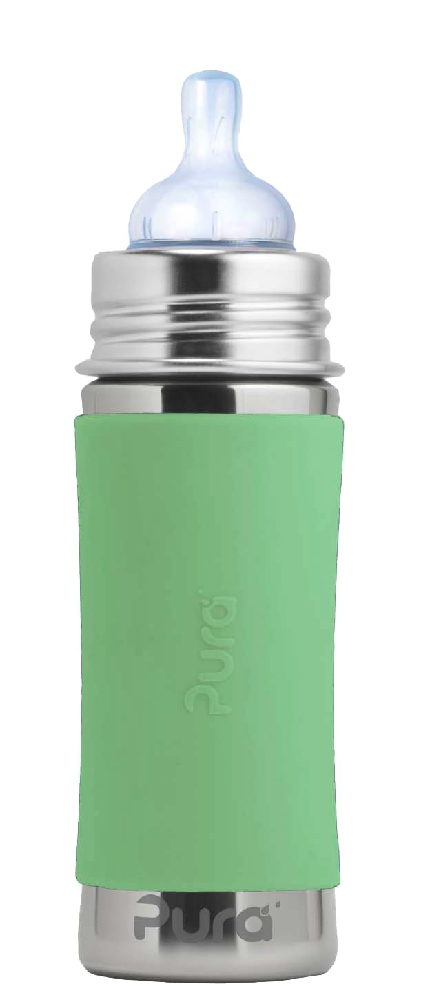 PuraKiki 9oz/275ml Stainless Steel Infant Bottle w/Sleeve, Anti-Colic, Medical-Grade Silicone, Medium-Flow Nipple, for Babies 3 Months & Up (Moss)