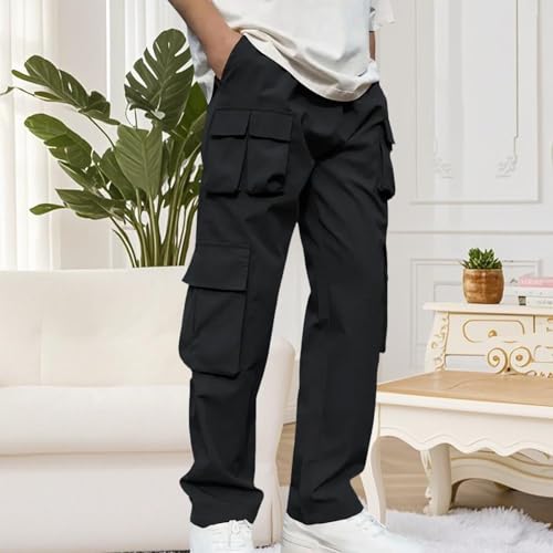 DESKABLY Mens Lightweight Cargo Pants Solid Color Casual Wide Leg Pants Fashion Elastic Waist Hiking Travel Trousers Pockets3
