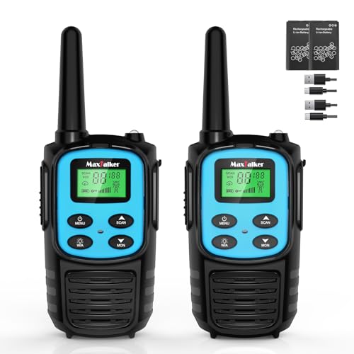 Image of MaxTalker Walkie Talkies Long Range, FRS Two Way Radio (2-Pack, Blue) | Rechargeable 1200mAh USB-C walkie talkie with NOAA, LED flashlight & VOX, Ideal for hiking, camping