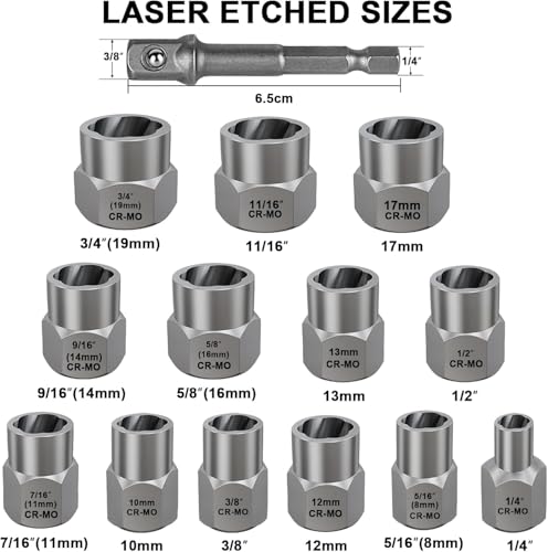 13+1 Piece Impact Bolt & Nut Remover Set - 3/8" Drive with Nut Extractor Socket, Hex Adapter, and Bolt Remover Tool for Damaged, Rusted, or Rounded-Off Bolts, Nuts, and Screws