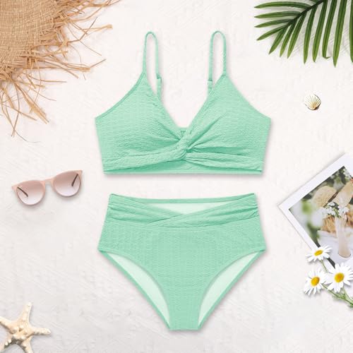 Image of Girls Swimsuit Solid Bathing Suit 2 Piece Twist Cross Adjustable Straps Soft Lining Bikini for Teen Girls with Chest Pad