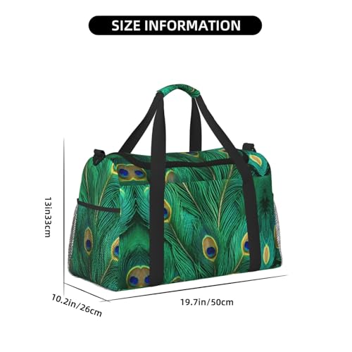 Green Peacock Feather Foldable Travel Duffel Bag Tote Carry On Luggage Bag For Weekend Getaways, For Spontaneous Trips4