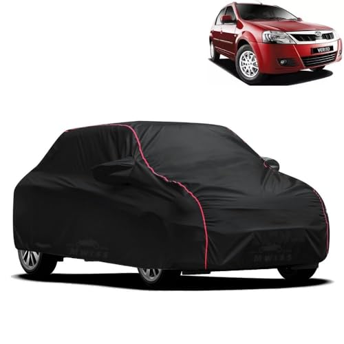 Image of Waterproof Car Cover for Mahindra E Verito | All-Weather Protection, Dustproof & UV Resistant | Triple Stitched Mirror Pockets, Windproof Buckle Strap with Elastic Hem, Black-Red Piping
