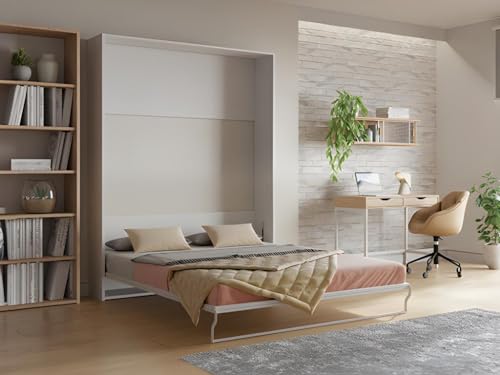 Vente-unique-Cama abatible Vertical 160 x 200 cm - Apertura Manual - Blanco + Colchón - Malina II