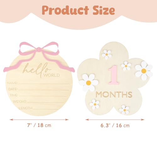 Image of Wooden Baby Announcement Sign & Baby Monthly Milestone Sign Set, Birth Announcement & 1-12 Months Interchangeable Discs for Newborn Girls Photo Props (Pink Numbers)