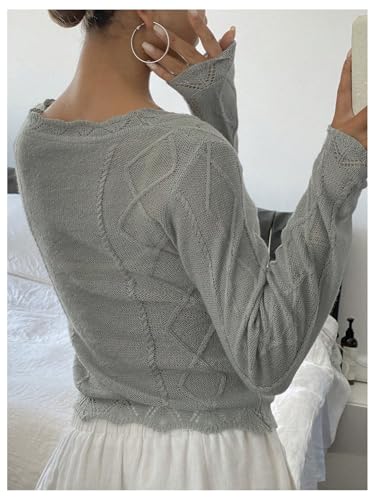 MakeMeChic Women's Button Down Cardigan V Neck Long Sleeve Slim Fit Cable Knitted Sweater3