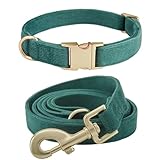 Ewinoom Soft Corduroy Dog Collar and Leash Set Adjustable Durable Dog Collars with Metal Buckle and Lead for Small Dogs,Dark Green