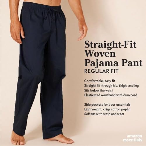 Image of Amazon Essentials Men's Cotton Poplin Straight-Fit Pajama Pants with Pockets, Elastic Waist, Drawstring
