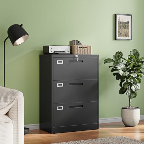 Image of Letaya 3 Drawer File Cabinets with Lock,Metal Lateral Filing Storage Cabinet Printer Stand,Black Steel Home Office Cabinet for Hanging Files Letter /Legal /A4 Size (Black, H39.84xW28.35xD15.74)