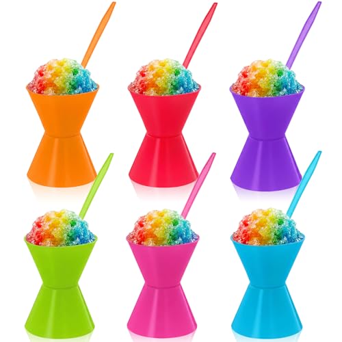 Mysora 6 Pack 6oz Reusable Silicone Snow Cone Cup Set Leakproof Cups & Spoon with Holders for Summer Cookout Party Kid Friendly for Slushies Shaved Ice & Ice Cream(Rainbow)