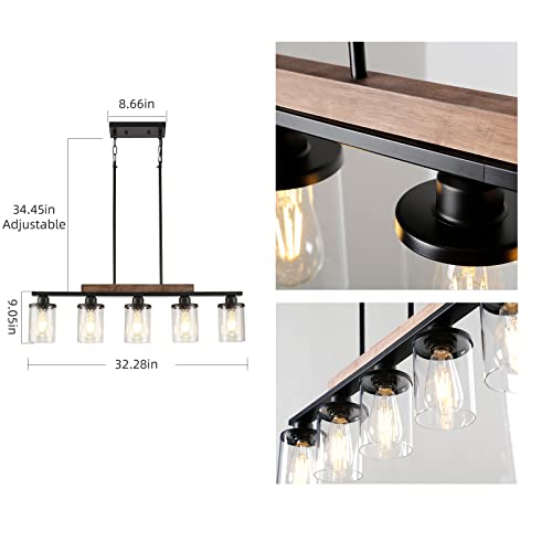 Feohak Dining Room Light Fixture,5-Light Kitchen Island Lighting Farmhouse Chandelier,Matte Black Metal Wood Industrial Pendant Lighting,Modern Dining Table Lights #TOP3