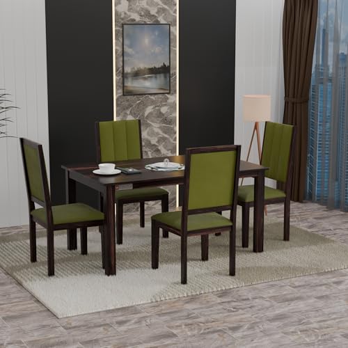 Image of DRIFTINGWOOD Tiya Dining Table 4 Seater | Four Seater Dinning Table with 4 Chairs in Green Cushions for Home | Rosewood, Wanlut Finish, Self Assembly(DIY)