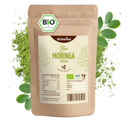 Moringa Pulver Bio 500g | aromatisch angenehmer leicht scharfer Geschmack | 100% echtes Moringa Oleifera Blattpulver | aus kontrolliert biologischen Anbau | vom Achterhof