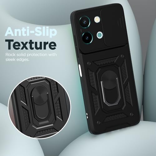 Image of Pikkme D10 Tough Armor Bumper Case | 360 Protection Case | Sliding Camera Shield Cover & Ring Holder Stand Back Cover for Vivo T3x 5G / Vivo Y200i 5G (Black)