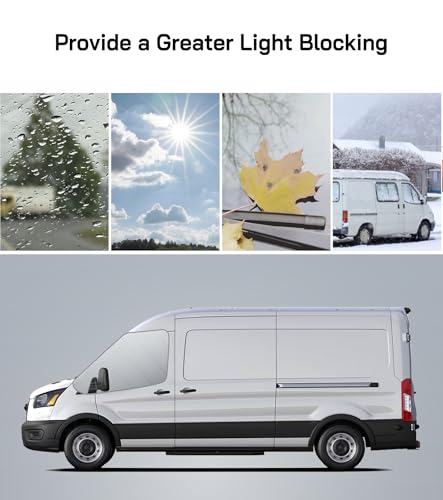 Image of Windshield Cover for Ford Transit 2015-2026 Motorhome,Van, Front Window Sunshade, Class B Oxford Front Cover for UV Protection & Privacy Shield, Sliver with Mirror Cutouts