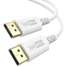 White DisplayPort Cable 2.1 6.6FT, 16K Display Port 2.1 Cable Braided DP Cord 54Gbps, 16K@60Hz, 8K@120Hz, 4K@240Hz, Dynamic HDR for Gaming Monitor, PC, Laptop, Graphics Card