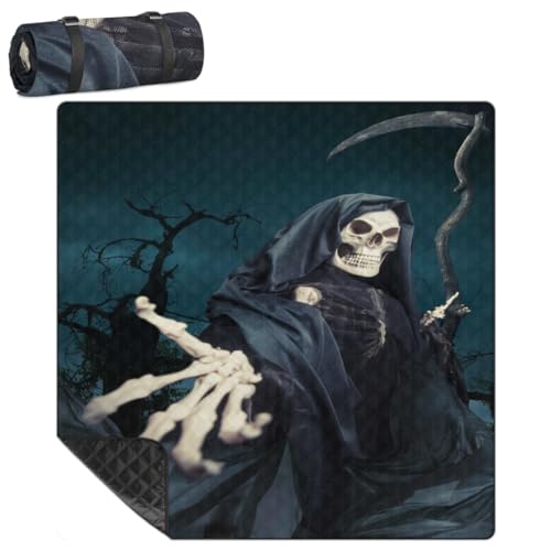 Mularoka Halloween Death Scythe Picnic Blankets Waterproof Sandproof Foldable Beach Blanket 79 x 79 Extra Large Portable Washable Outdoor Mat for Camping Park Grass Hiking Travel