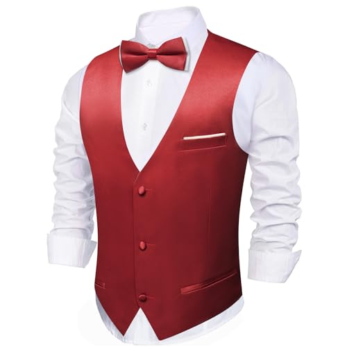 Image of Barry.Wang Mens Suit Vest Bow Tie Set 4PCS Formal V-neck Slim Fit Casual Solid Color Waistcoat Wedding Party Tuxedo