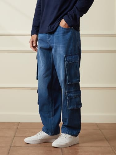 Image of WROGN Men's 100% Cotton Cargo Jeans | Solid | Loose Fit